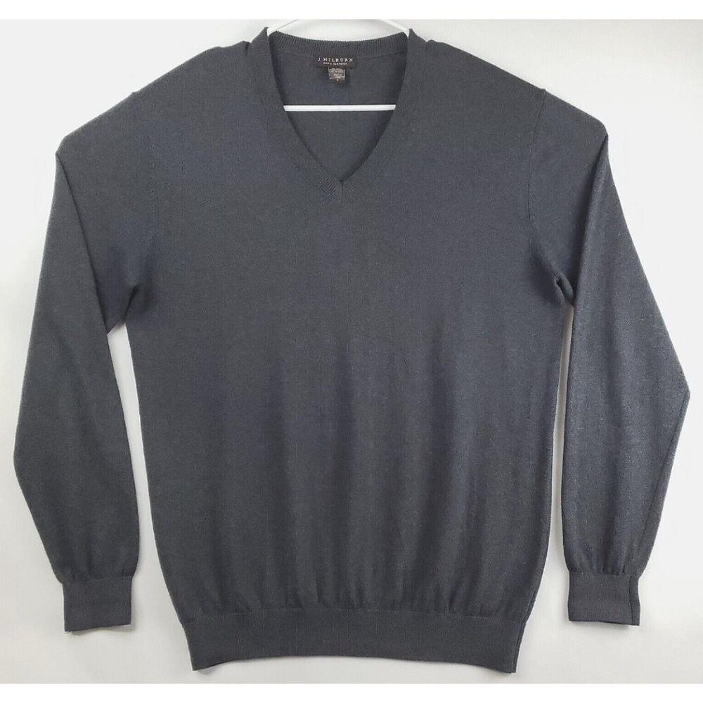 J Hilburn Sweater Men Medium Gray Long Sleeve Silk Cashmere Knit V-Neck Pullover